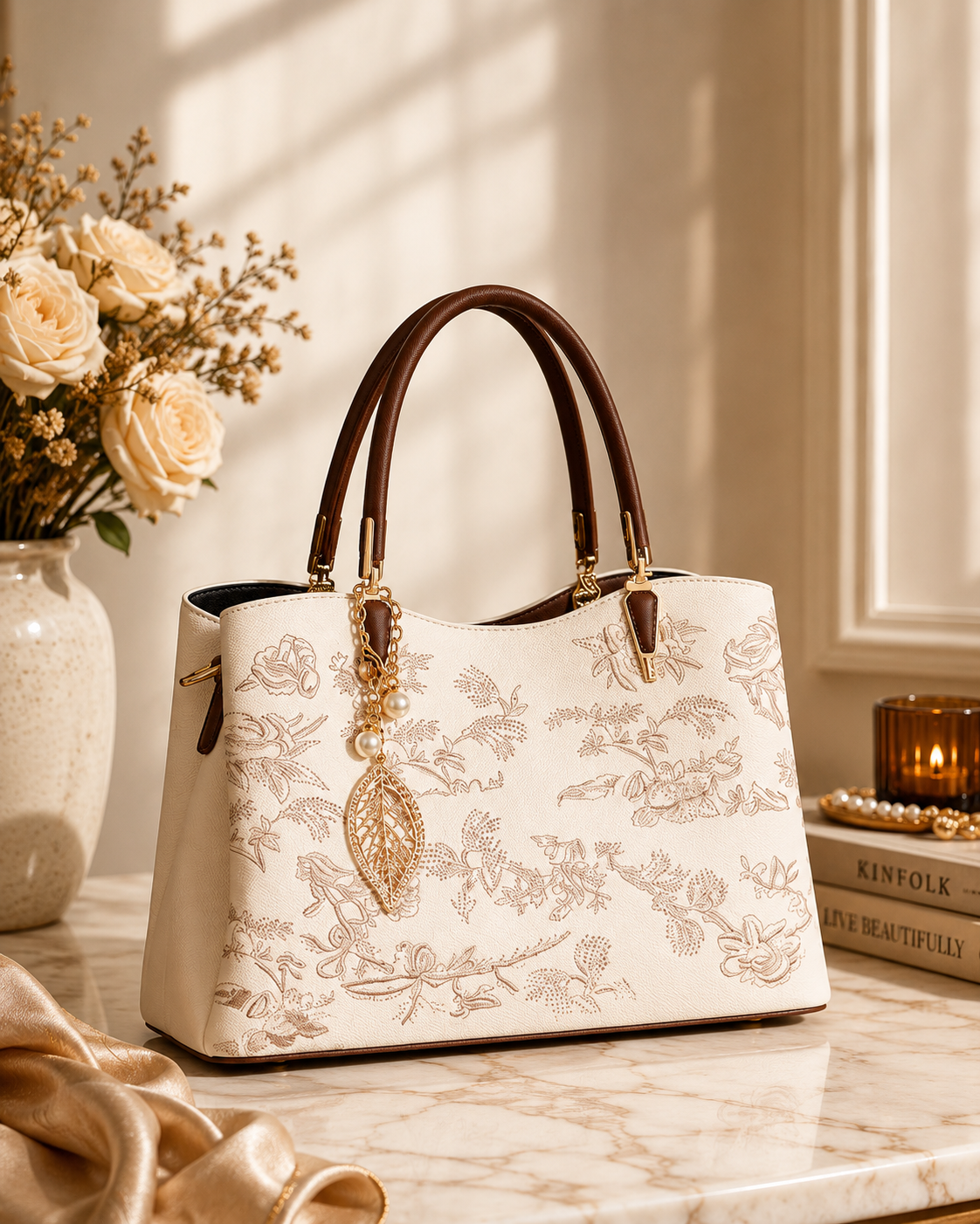 Embroidered Floral Leather Handbag