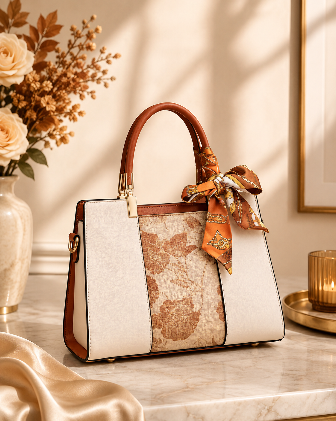 Top Handle Handbag with Scarf Accent