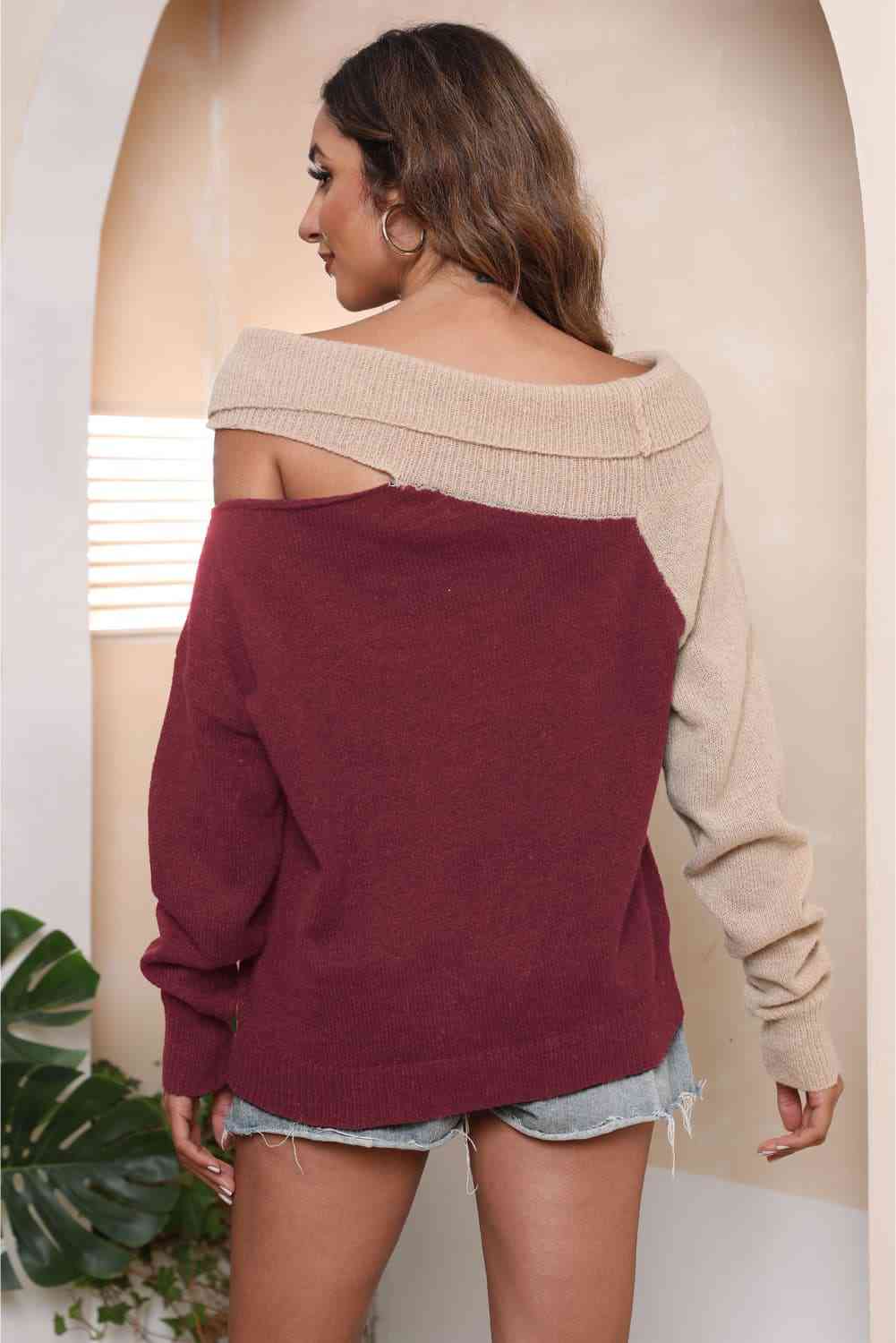 Trendy Asymmetrical Two-Tone Cutout Sweater for Casual Style