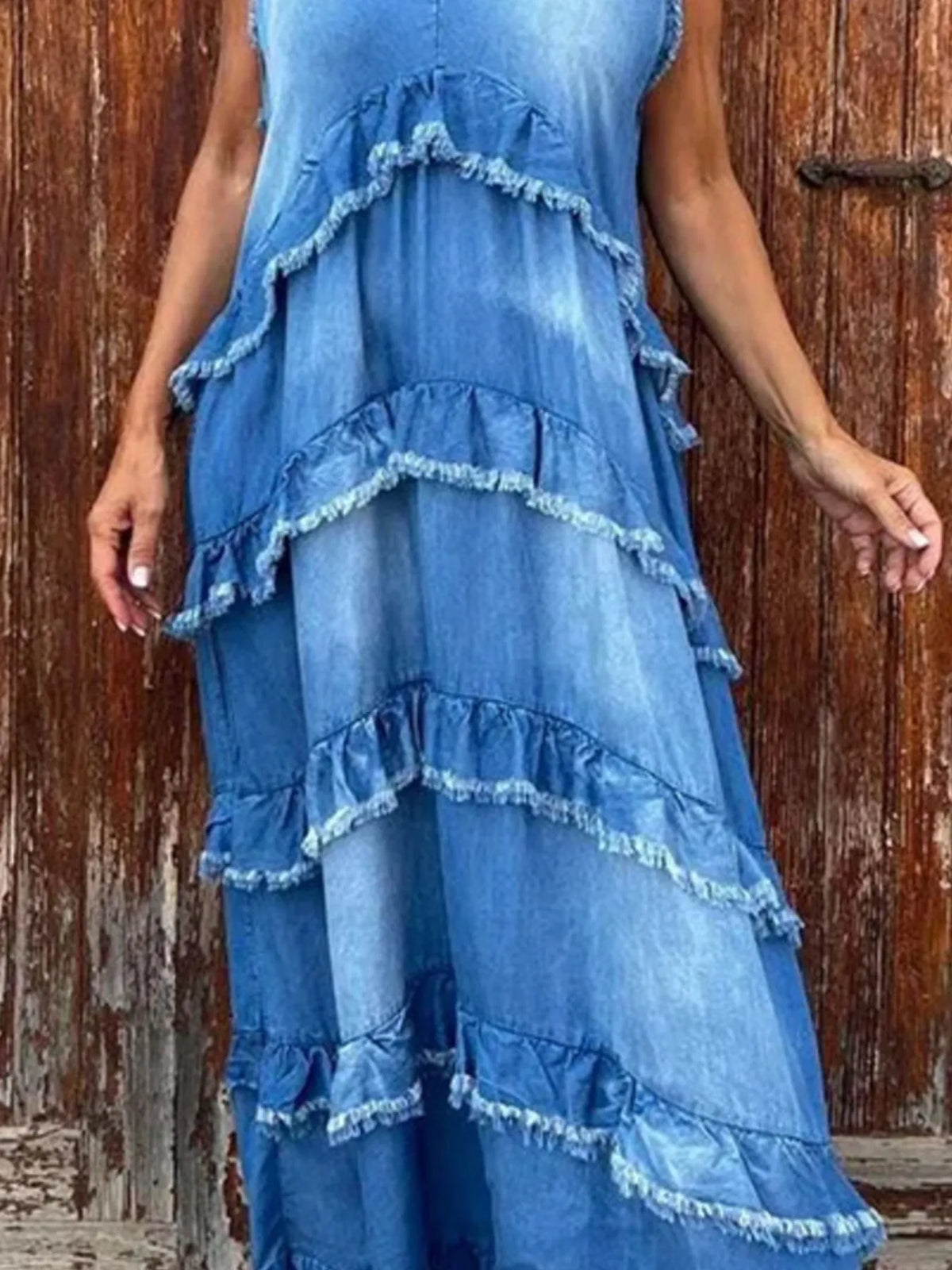 Raw Hem Layered Denim Maxi Dress