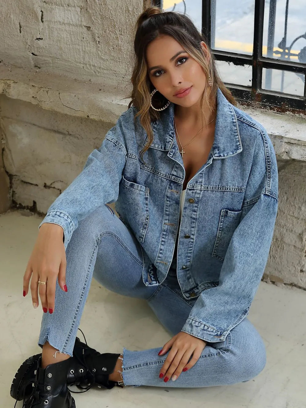 Button Down Drop Shoulder Denim Jacket