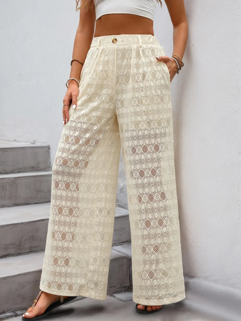 Decorative Button Wide Leg Pants