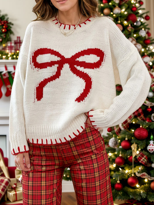 Cozy Bow Round Neck Sweater - Festive Red & White Style