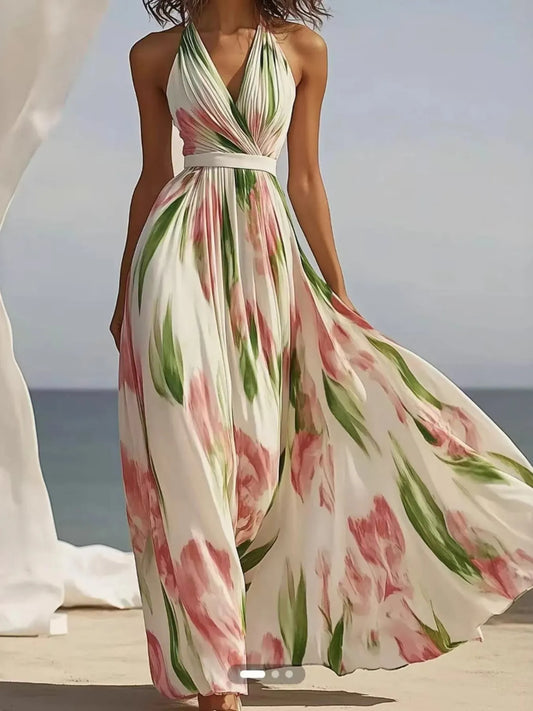Floral Print Halter Neck Maxi Dress