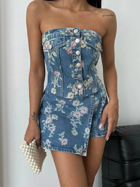 Floral Print Strapless Top and Skort Denim Set