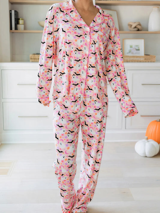 Halloween Ghost Print Button Up Top and Pants Lounge Set