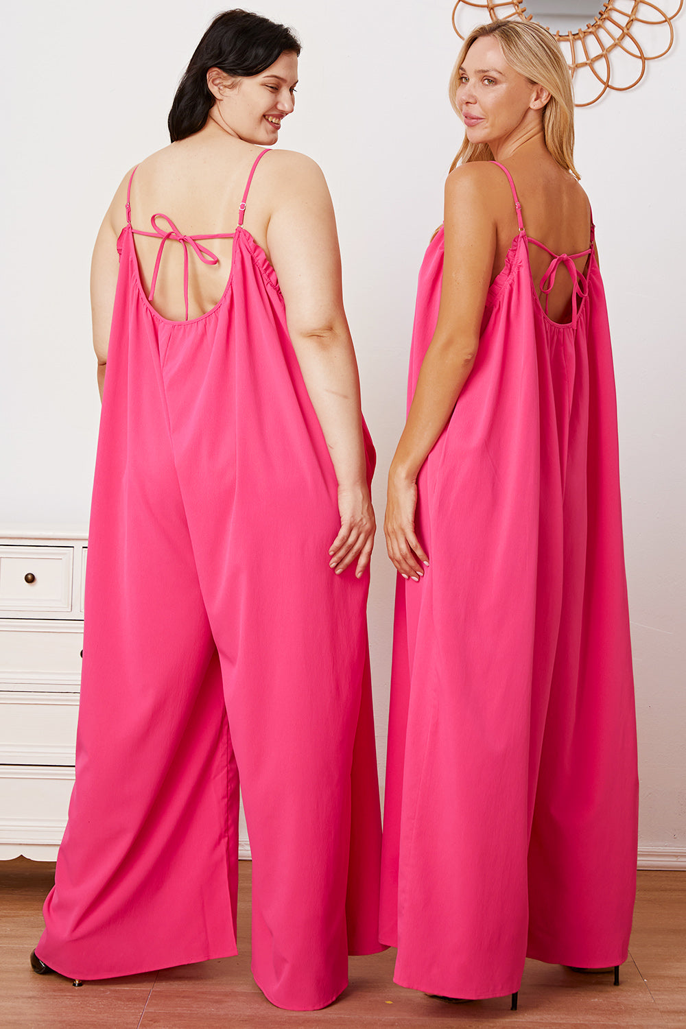 Double Take Ruffle Trim Tie Back Cami Jumpsuit