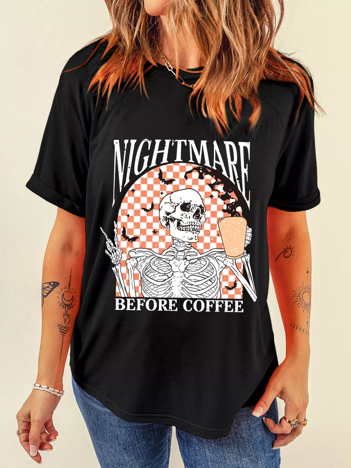 Halloween Skull Checkerboard Graphic Round Neck T-Shirt