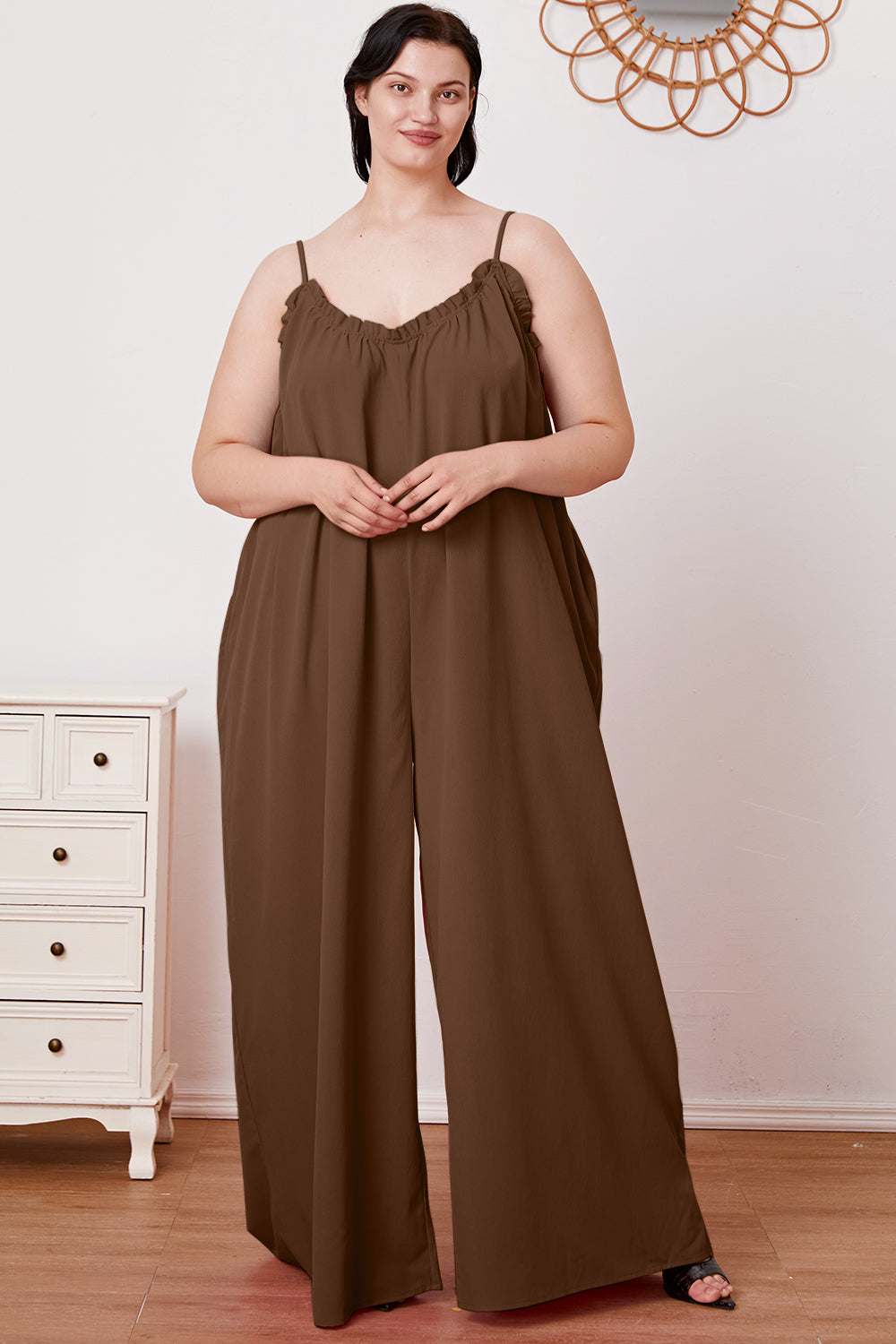 Double Take Ruffle Trim Tie Back Cami Jumpsuit
