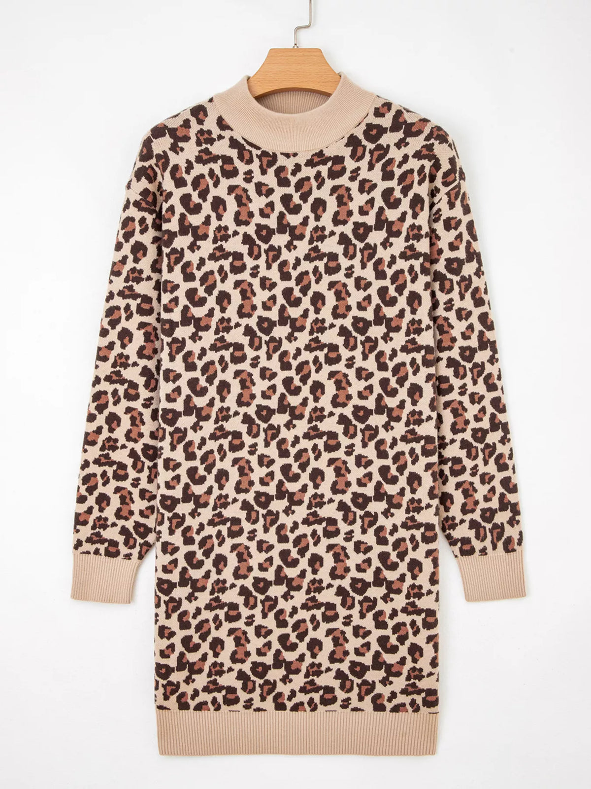 Leopard Print High Neck Shift Mini Sweater Dress