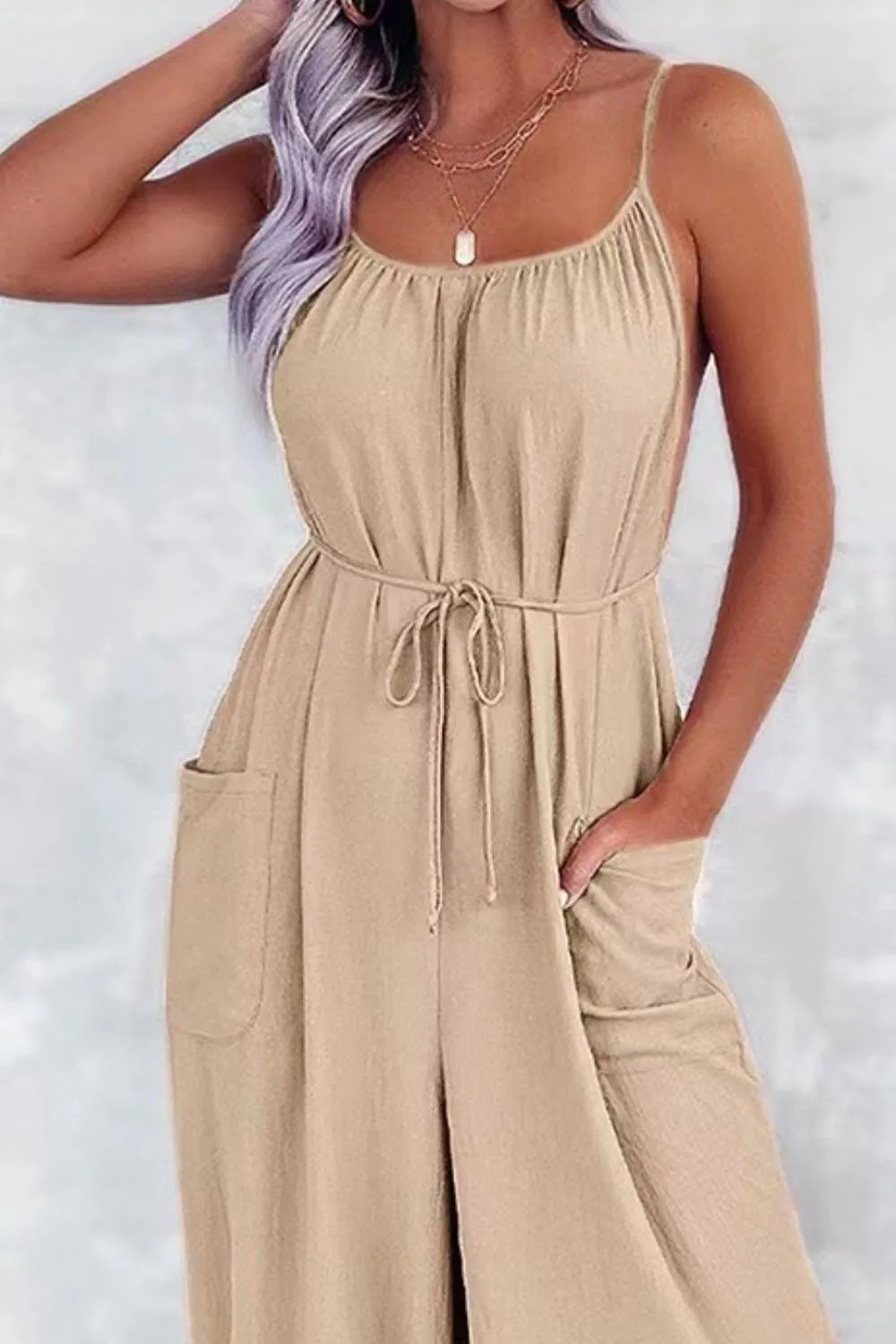 Casual Spaghetti Strap Wide Leg Jumpsuit with Pockets