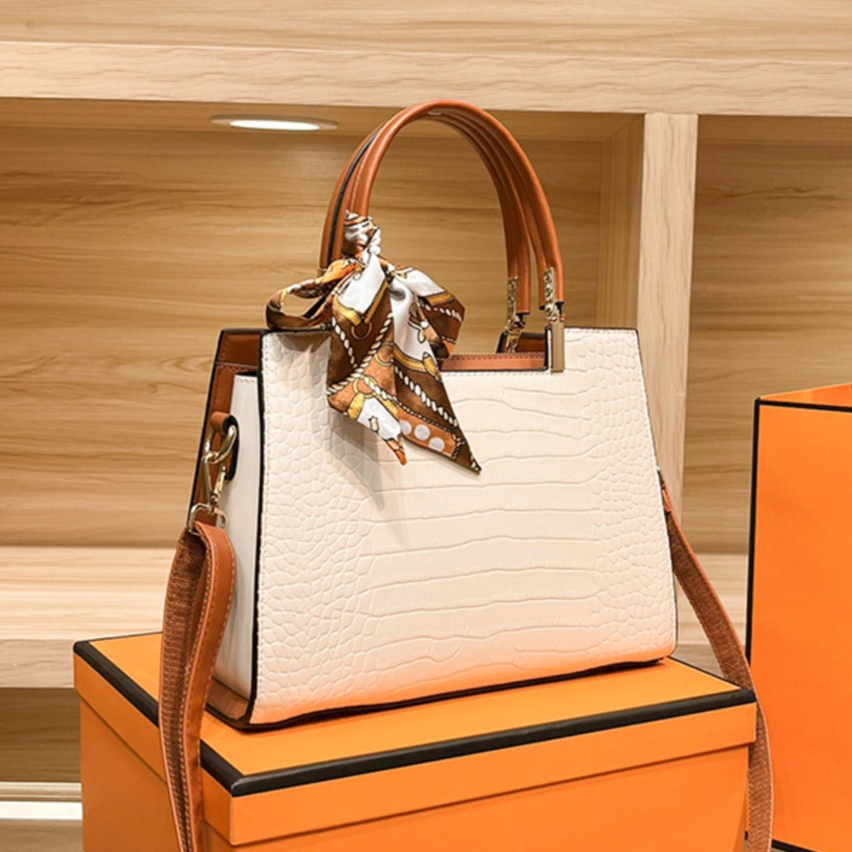 Crocodile Embossed Top Handle Handbag with Scarf