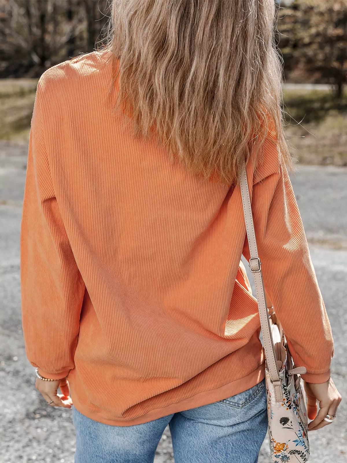 Halloween Sequined Pumpkin Ribbed Round Neck Sweatshirt