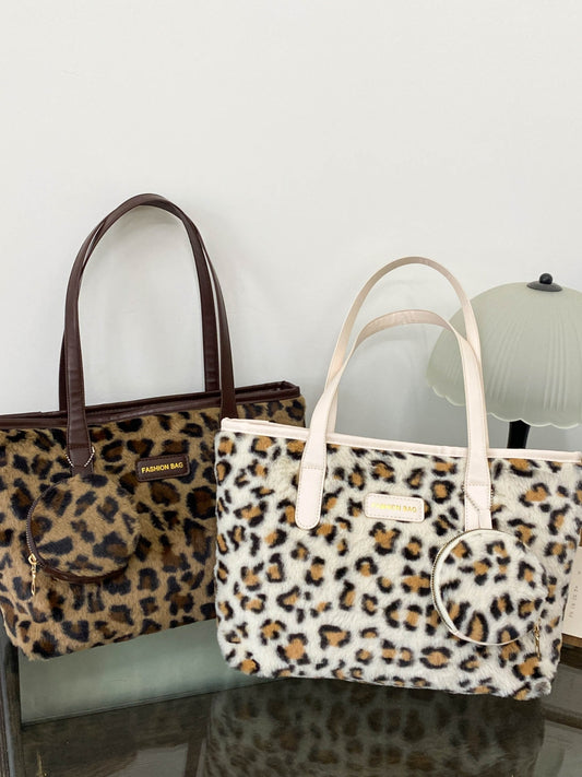 Leopard Faux Fur Tote Bag with Coin Purse for Chic Style