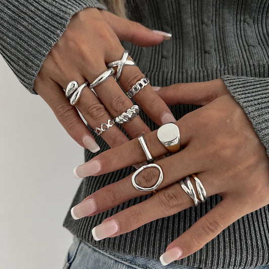 10-Piece Alloy Geometric Ring Set