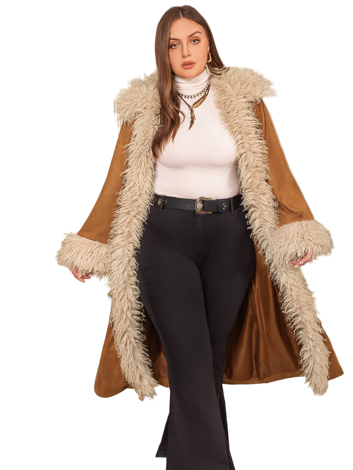 Plus Size Furry Trim Open Front Long Sleeve Coat