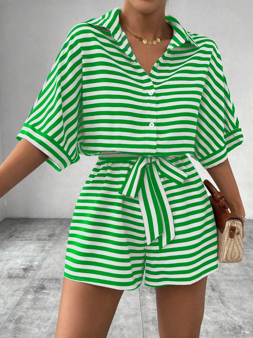 Tie Waist Half Button Striped Romper