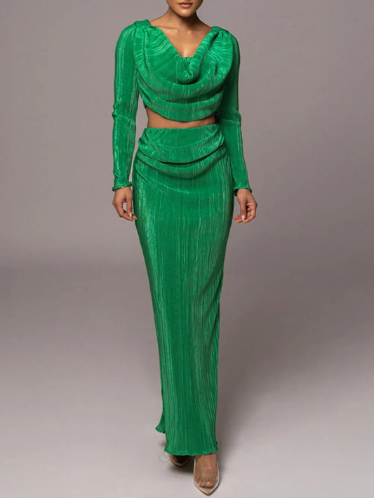 Ruched Cowl Neck Top and Maxi Skirt Set