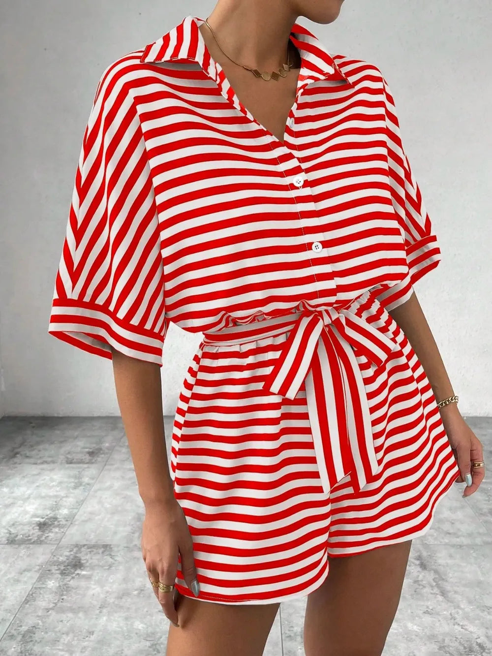 Tie Waist Half Button Striped Romper