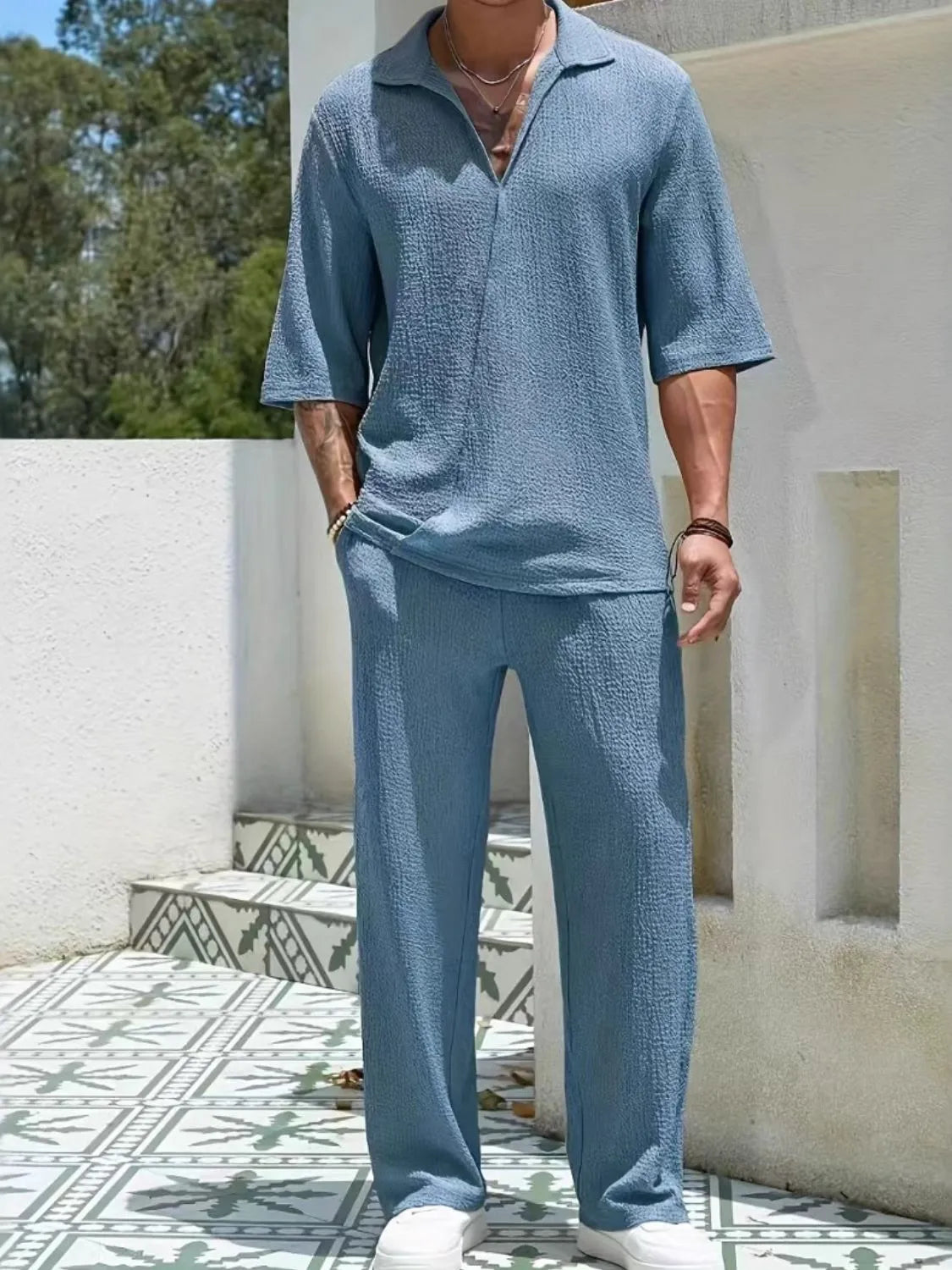 Men's Johnny Collar Half Sleeve Top and Pants Set