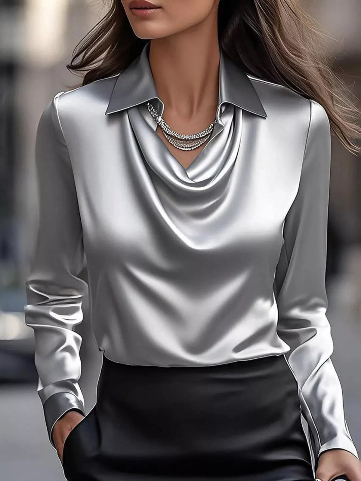 Ruched Long Sleeve Drape Collar Blouse
