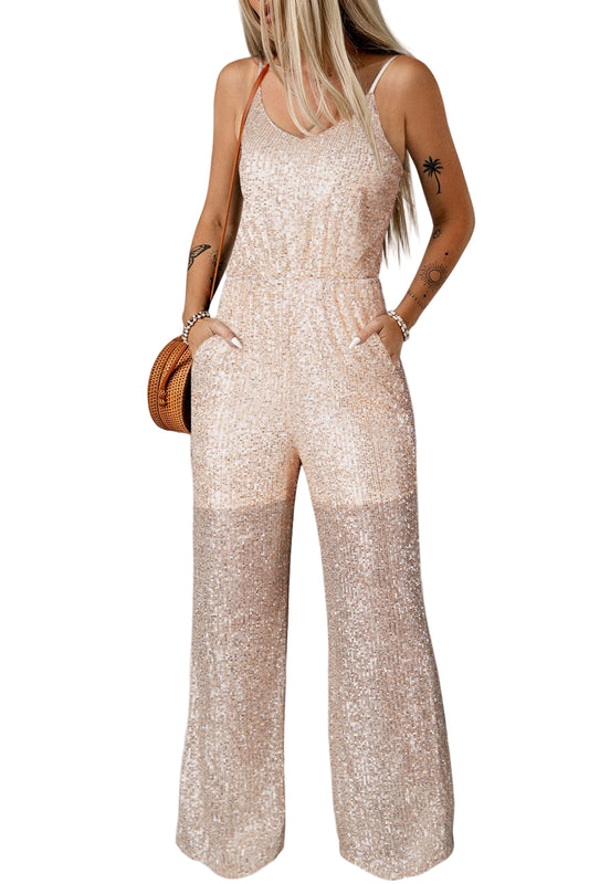 Sequin Spaghetti Strap Wide Leg Jumpsuit