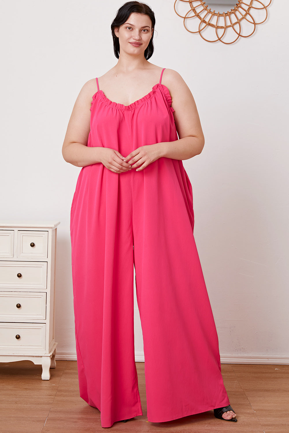 Double Take Ruffle Trim Tie Back Cami Jumpsuit