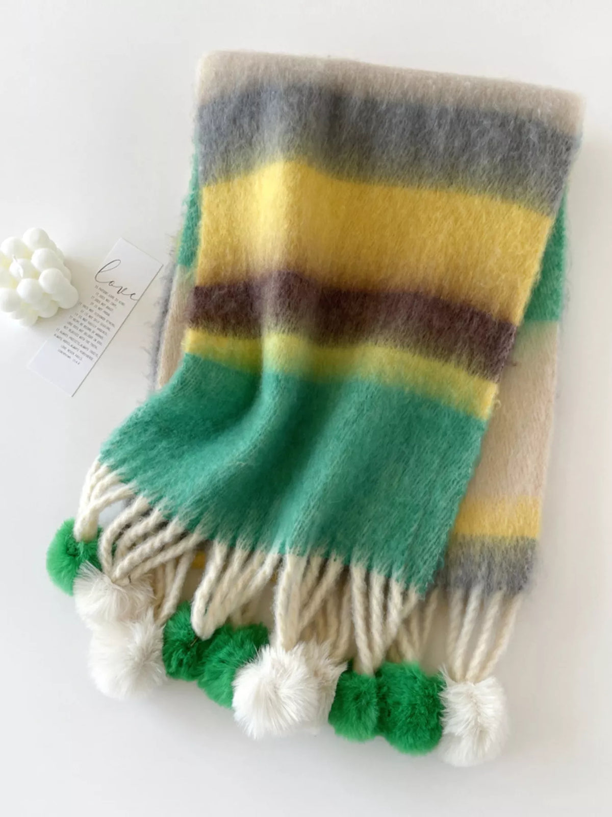 Rainbow Striped Fuzzy Scarf with Pom-Poms