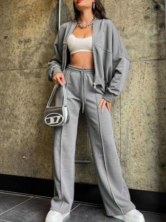 Casual Baseball Collar Zip Top & Drawstring Pants Set