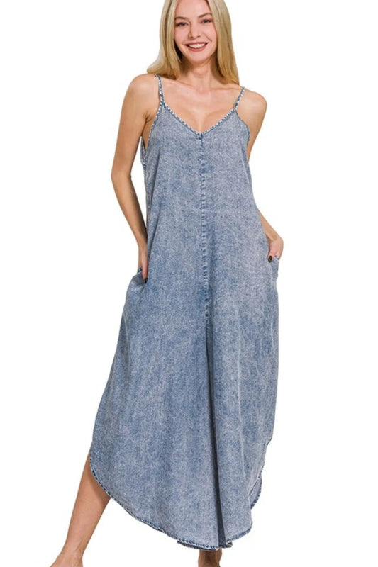 Zenana Lyocell Acid-Washed Wide-Leg Jumpsuit