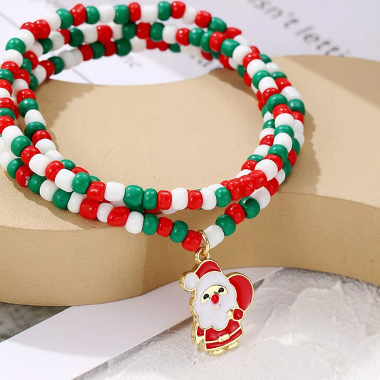 Christmas Beaded Necklace with Santa Charm