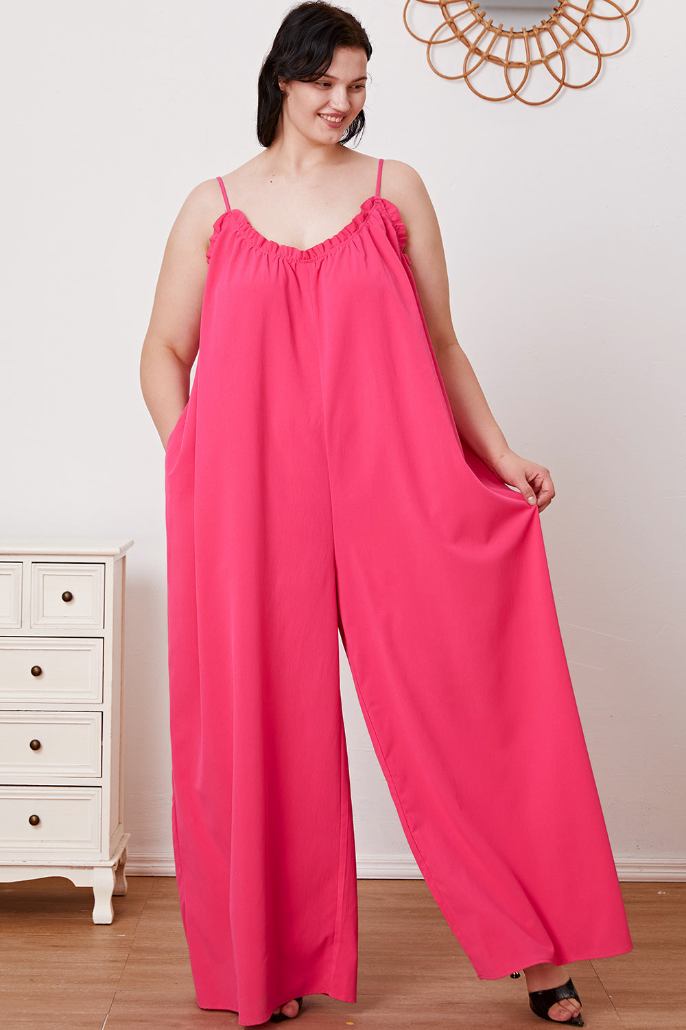 Double Take Ruffle Trim Tie Back Cami Jumpsuit