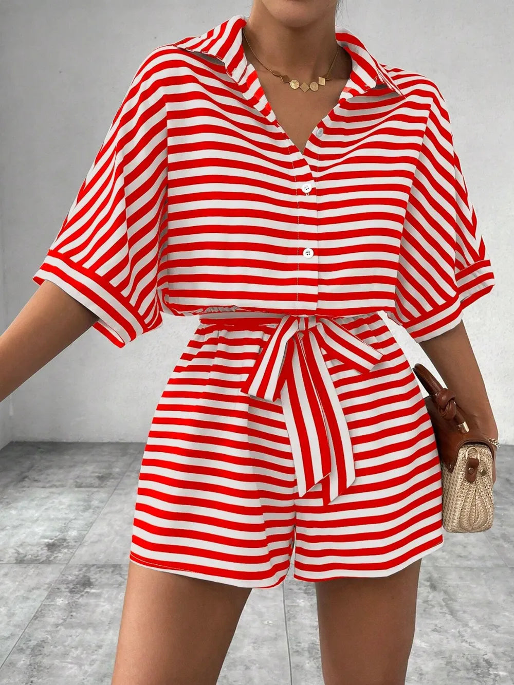 Tie Waist Half Button Striped Romper