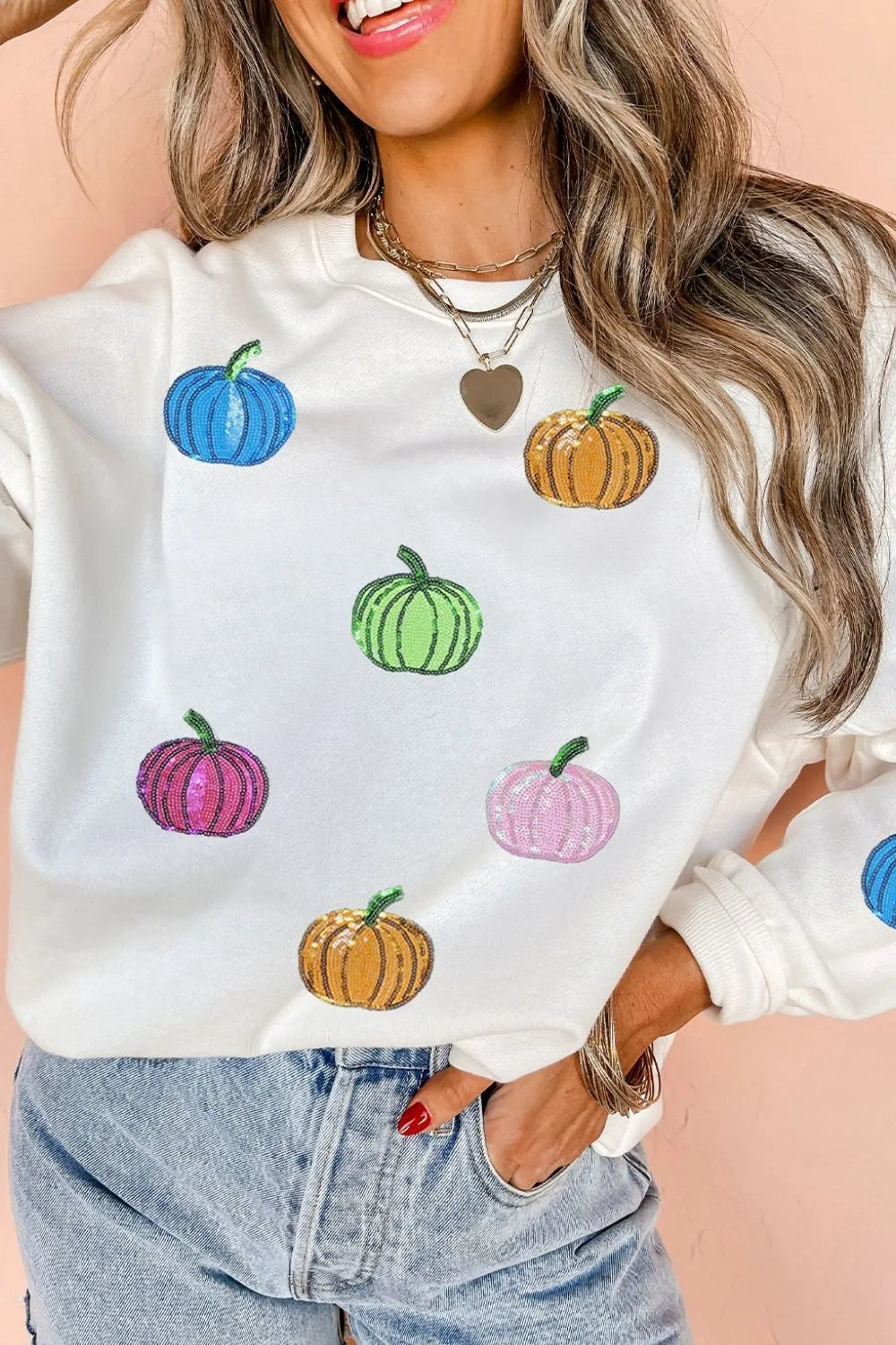 Pumpkin Round Neck Long Sleeve Sweatshirt