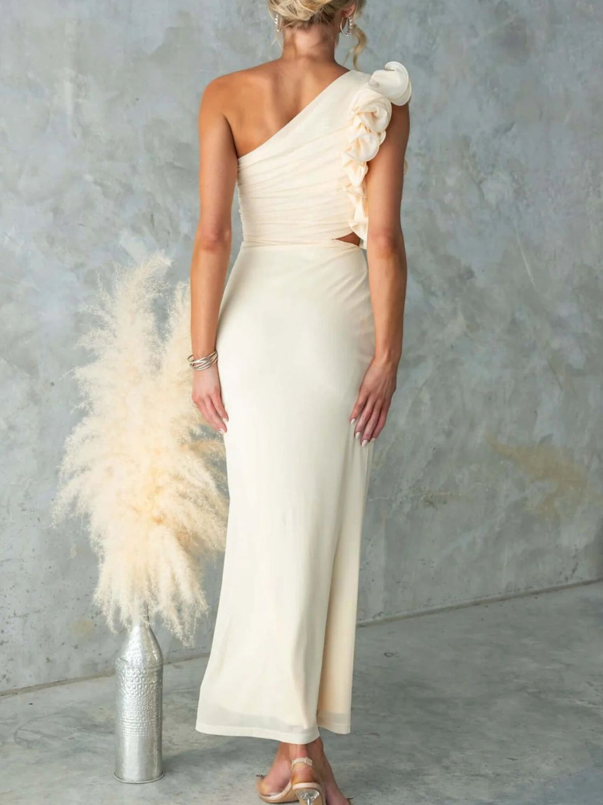 One-Shoulder Floral Trim Sleeveless Maxi Dress
