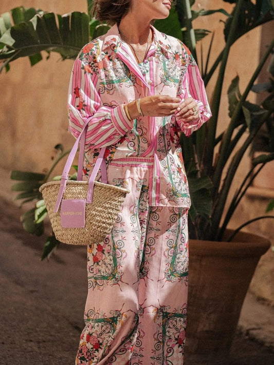 Printed Button Up Shirt and Pants Set
