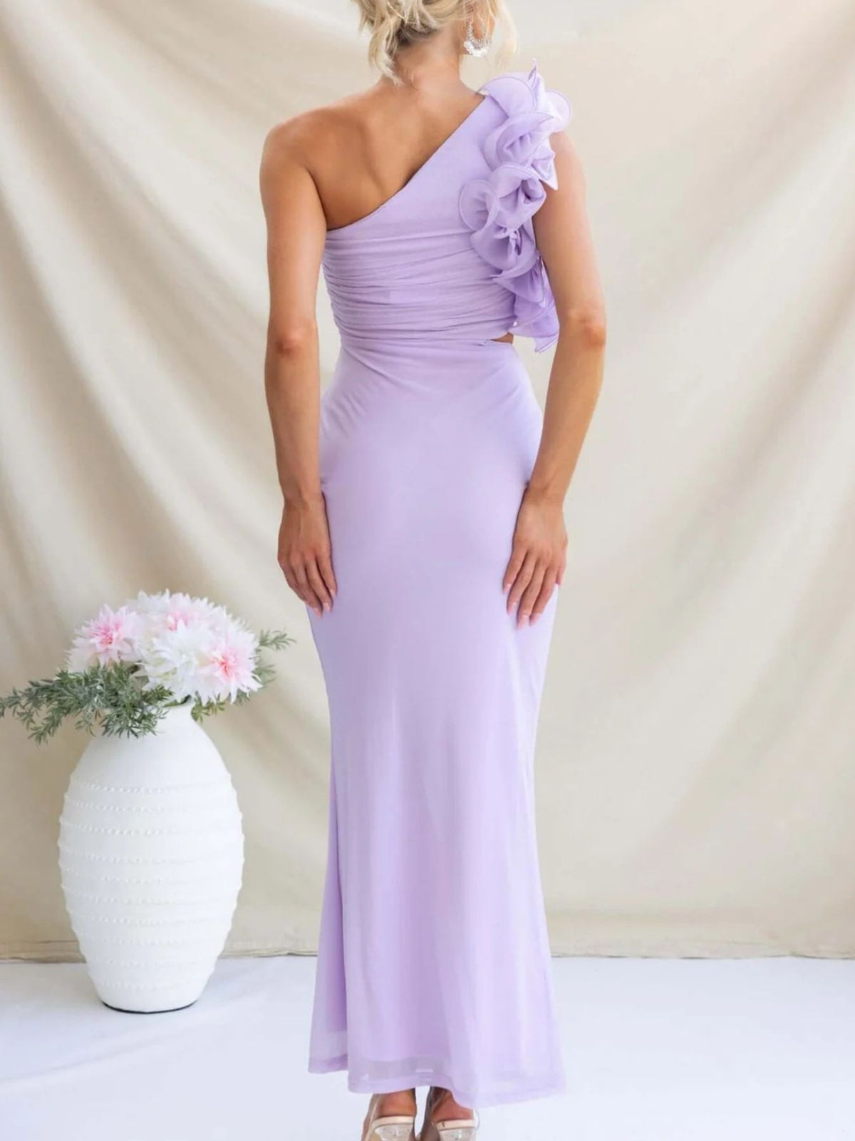One-Shoulder Floral Trim Sleeveless Maxi Dress