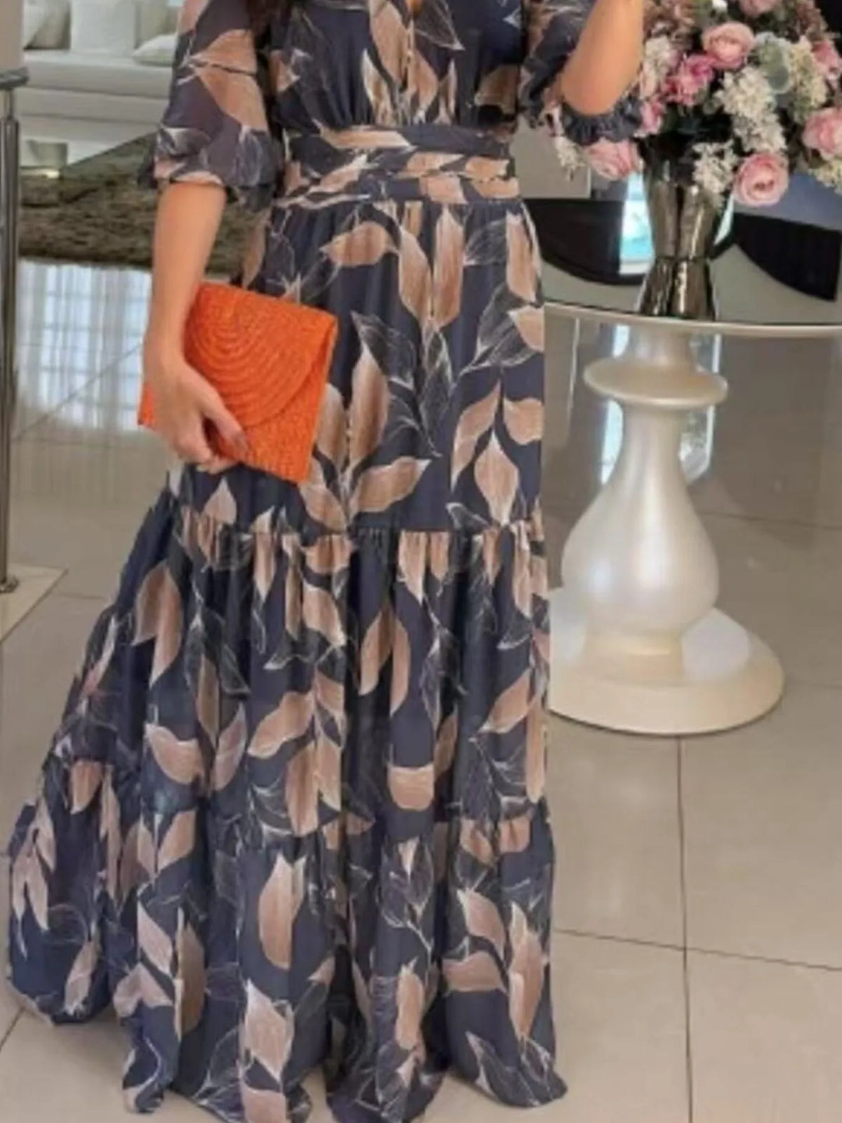 Full Size Printed V-Neck Maxi Dress with Tiered Hemline Plus Size