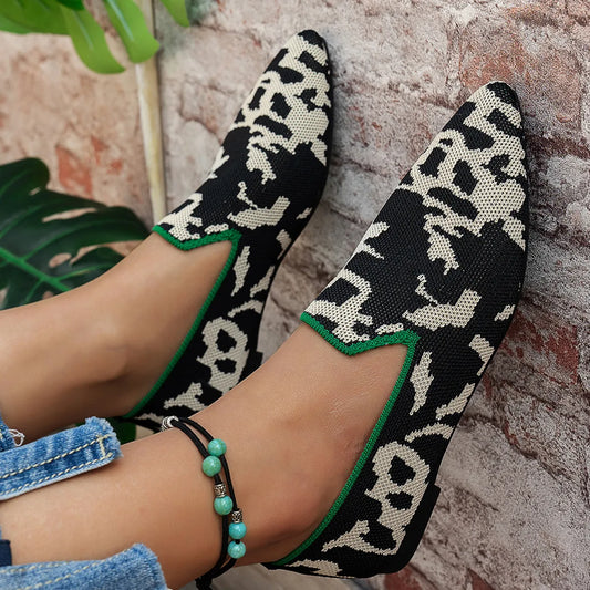 Point Toe Animal Print Knit Slip-On Loafers with Contrast Trim