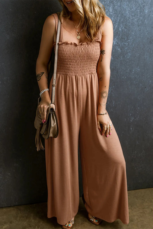 Frill Smocked Wide-Leg Stretch Jumpsuit