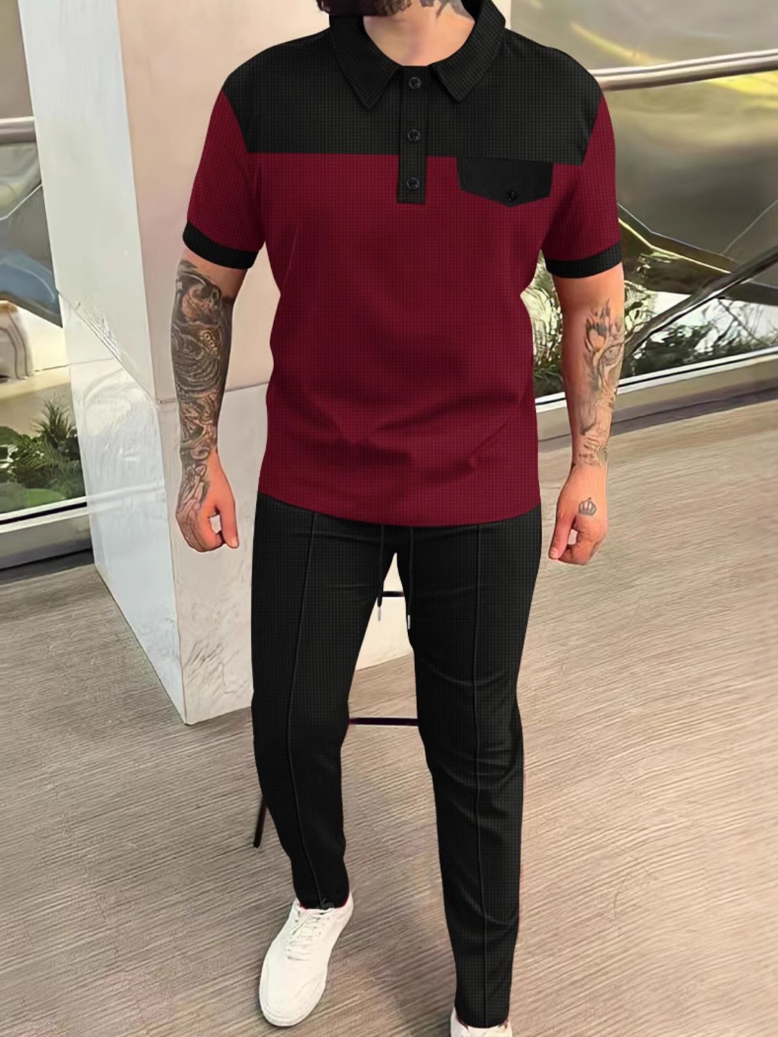 Men's Full Size Waffle-Knit Contrast Top and Pants Set Plus Size