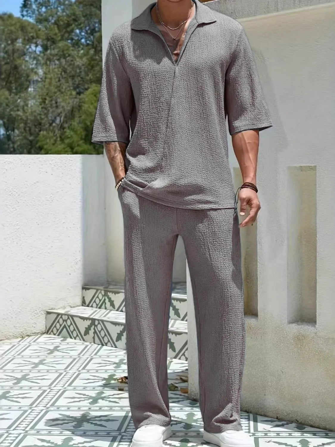 Men's Johnny Collar Half Sleeve Top and Pants Set