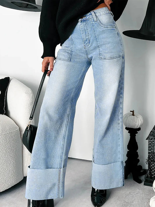 High-Waisted Wide-Leg Cuffed Hem Jeans