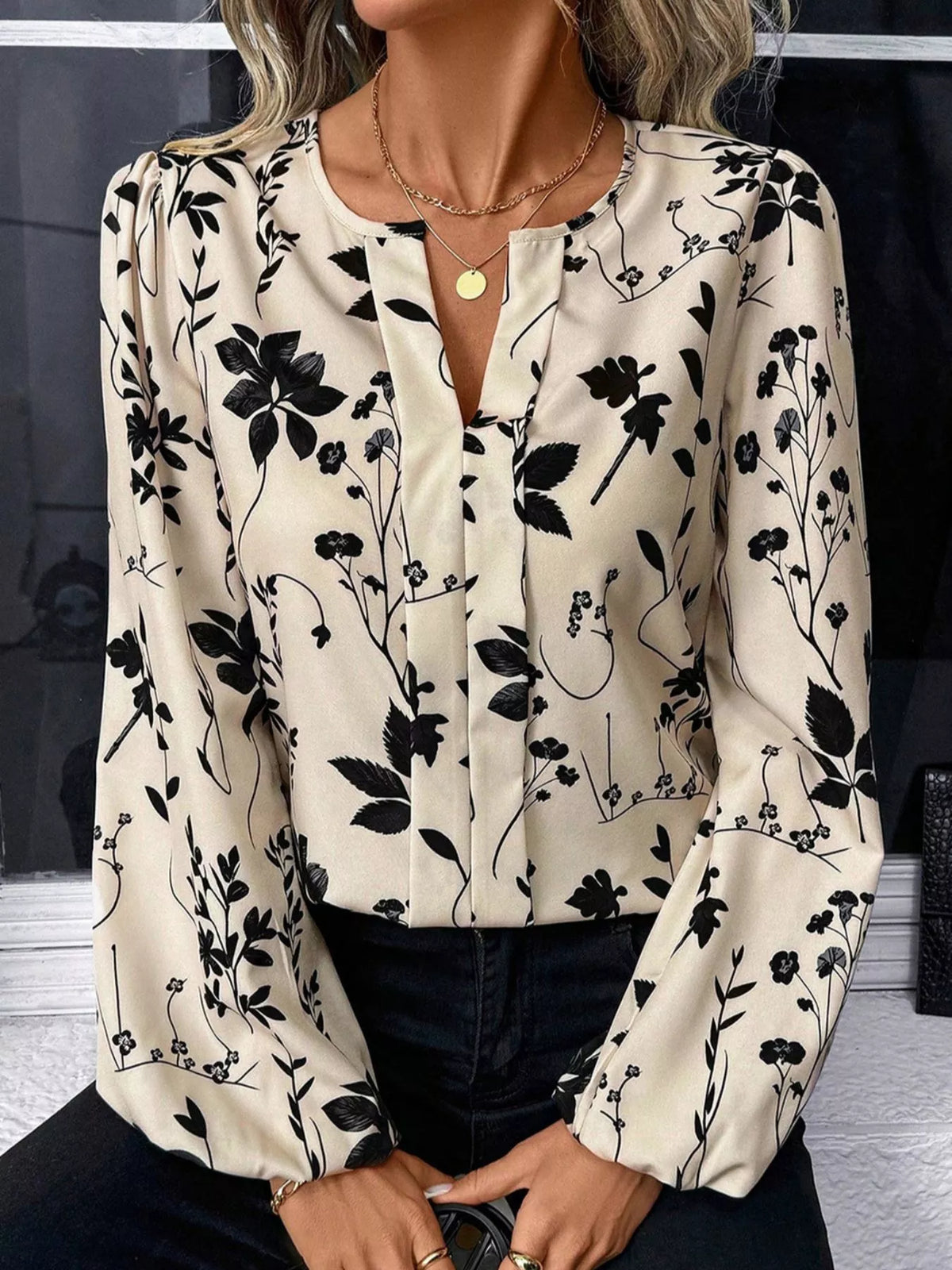 Floral Print Split Neck Long Sleeve Blouse