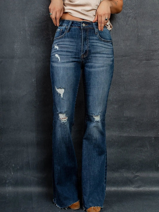 Distressed High-Waisted Flare Jeans