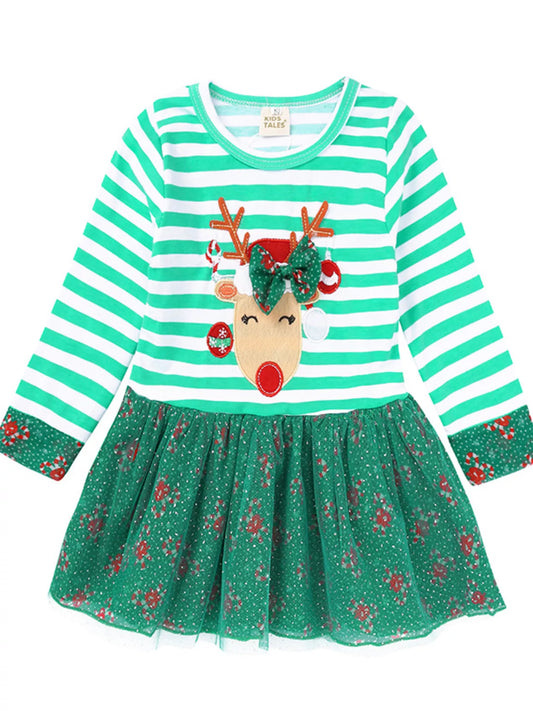 Children's Christmas Reindeer Applique Striped Long Sleeve Dress