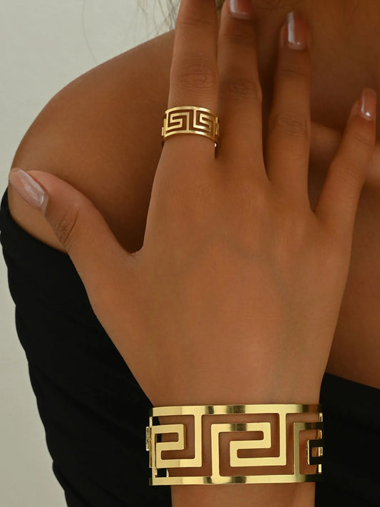 18K Gold-Plated Geometric Bracelet & Ring Set