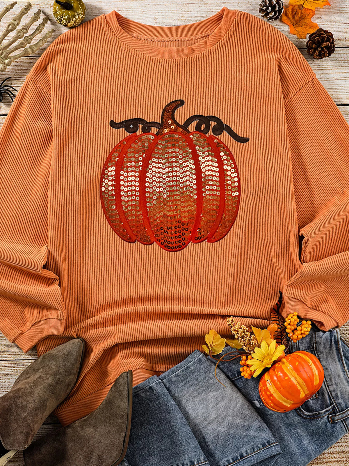 Halloween Sequined Pumpkin Ribbed Round Neck Sweatshirt
