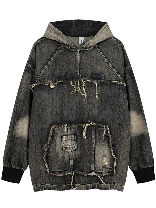 Men's Distressed Denim Patchwork Oversized Hoodie with Frayed Details