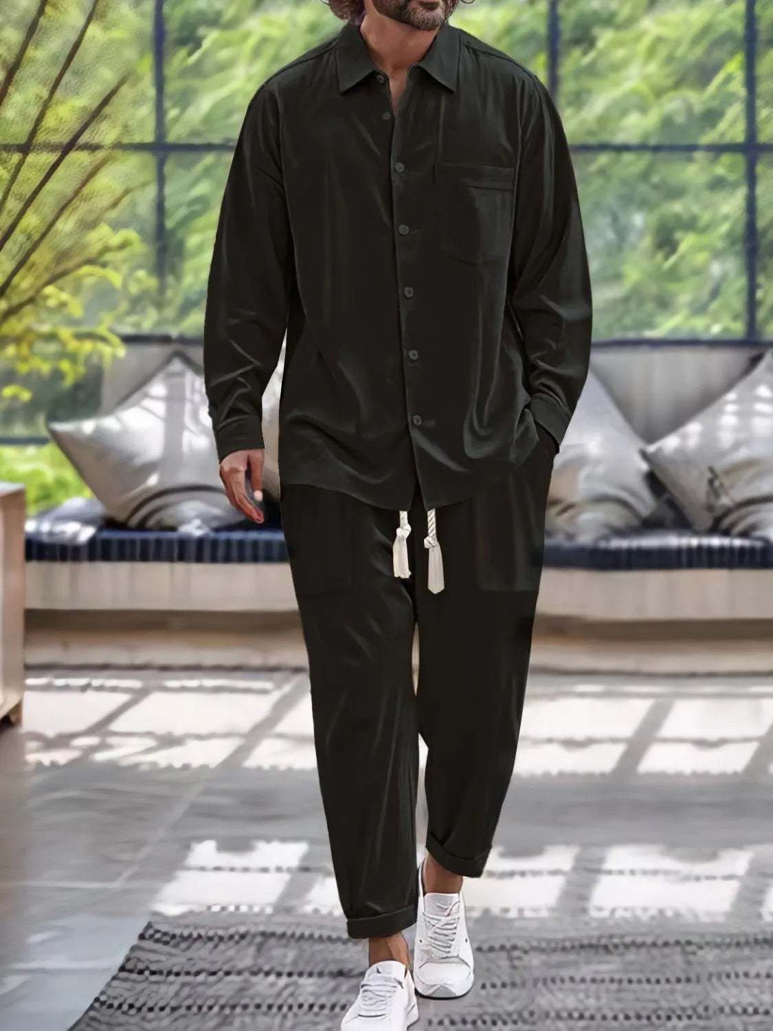 Men's Button Down Long Sleeve Shirt and Pants Set